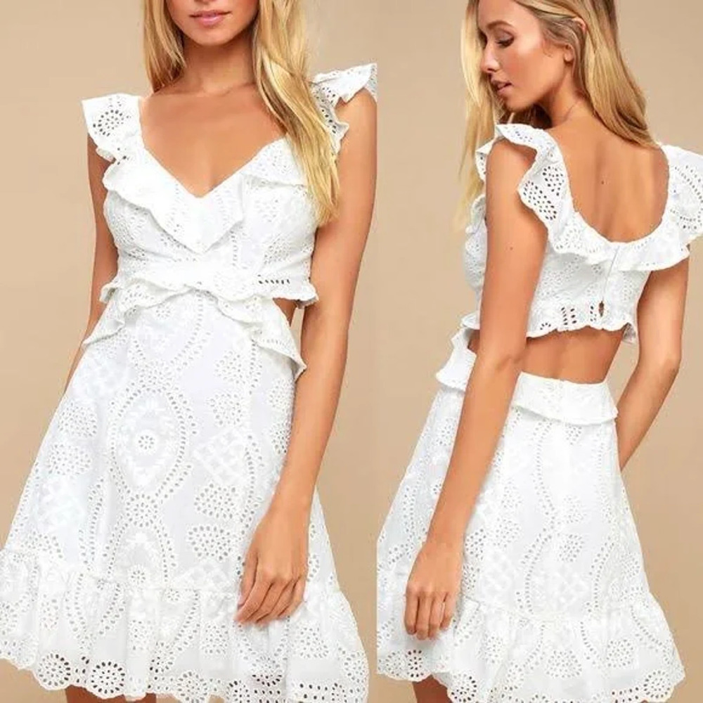 ASTR the Label Elora White Cotton Eyelet Ruffle Cutout Mini Dress Size S